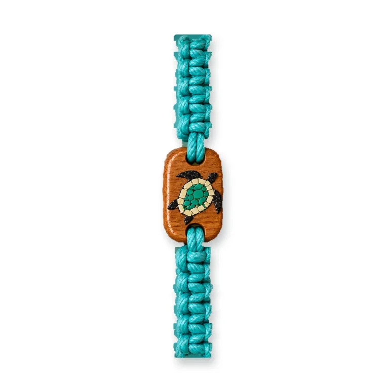 Cast Away bracelet in turquoise recycled cord with a recovered wood charm inlaid with a sea turtle