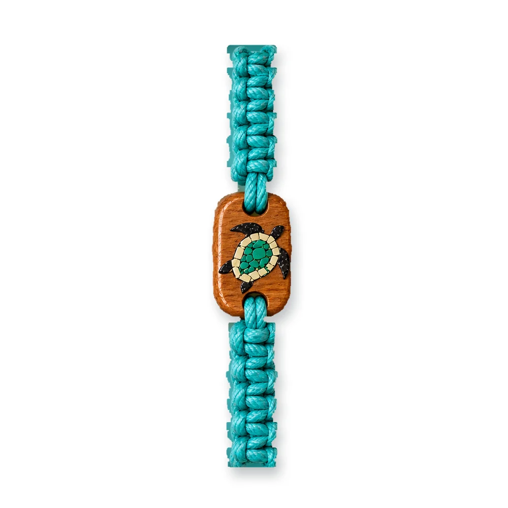 Cast Away bracelet in turquoise recycled cord with a recovered wood charm inlaid with a sea turtle
