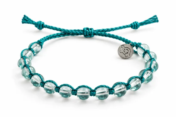 Galapagos bracelet in turquoise recycled cord with clear beads and adjustable sliding knot