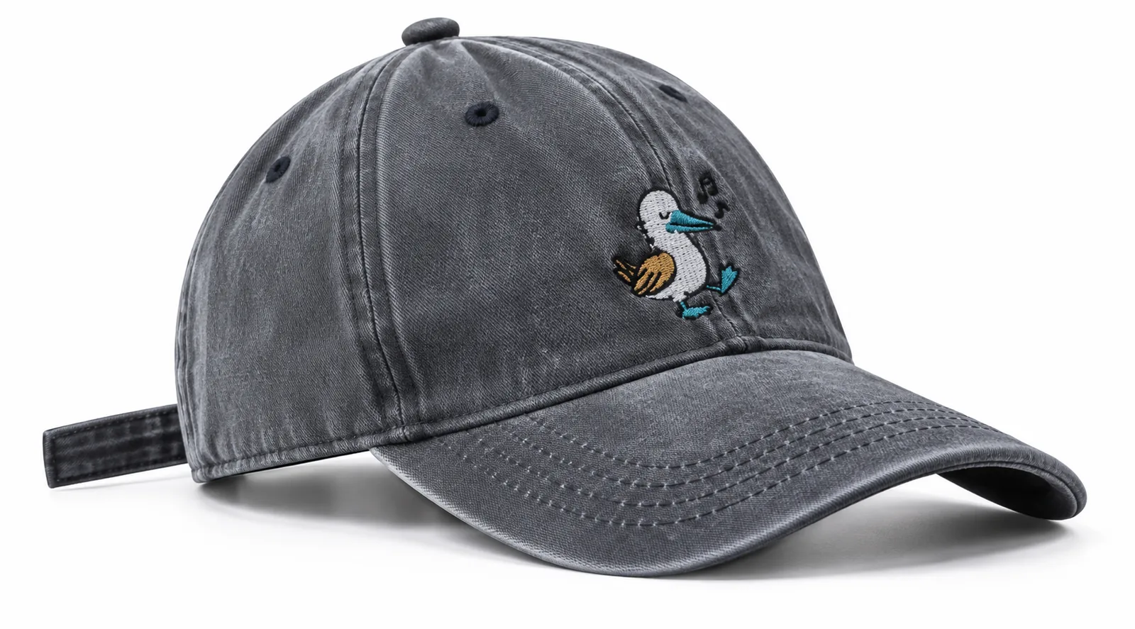 Charcoal cap with a blue-footed booby embroidered on the front, side view