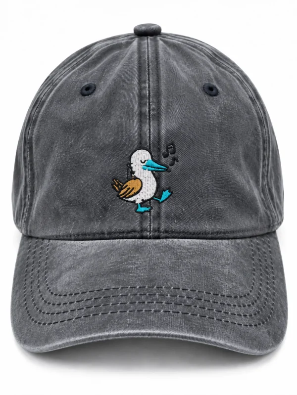 Charcoal cap with a blue-footed booby embroidered on the front