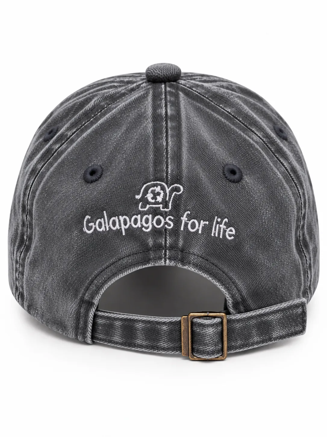 Back of the charcoal cap with the Galapagos for Life logo and adjustable strap