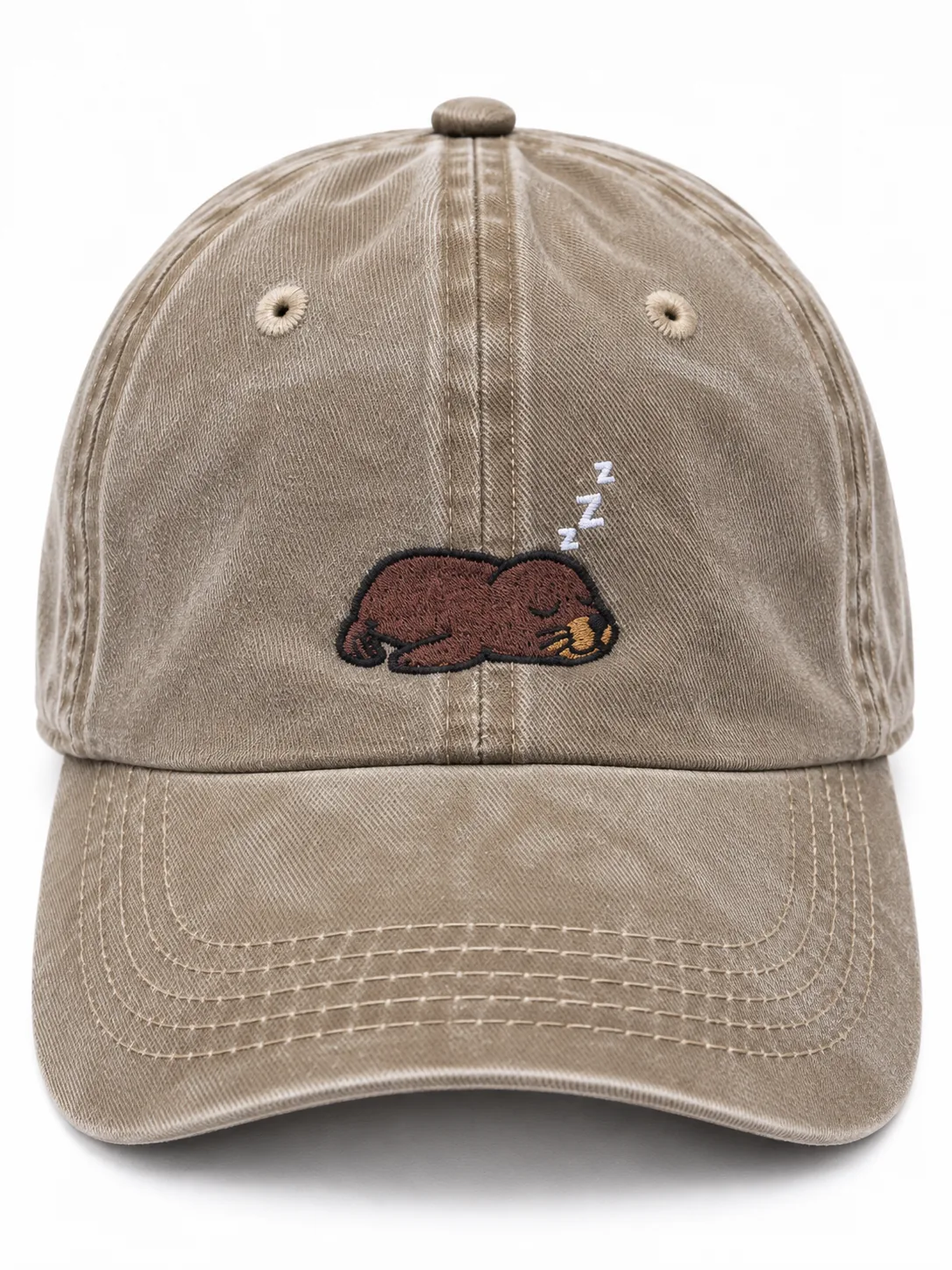 Sand cap with a sleepy sea lion embroidered on the front