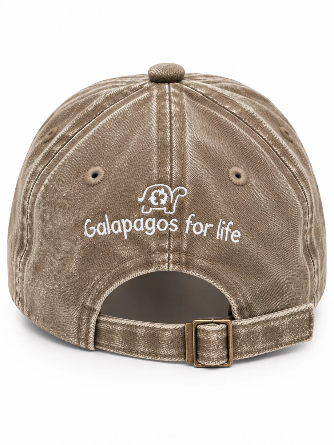 Back of the sand cap with the Galapagos for Life logo and adjustable strap