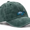 Forest green cap with a sleepy sea turtle embroidered on the front, side view