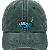 Forest green cap with a sleepy sea turtle embroidered on the front