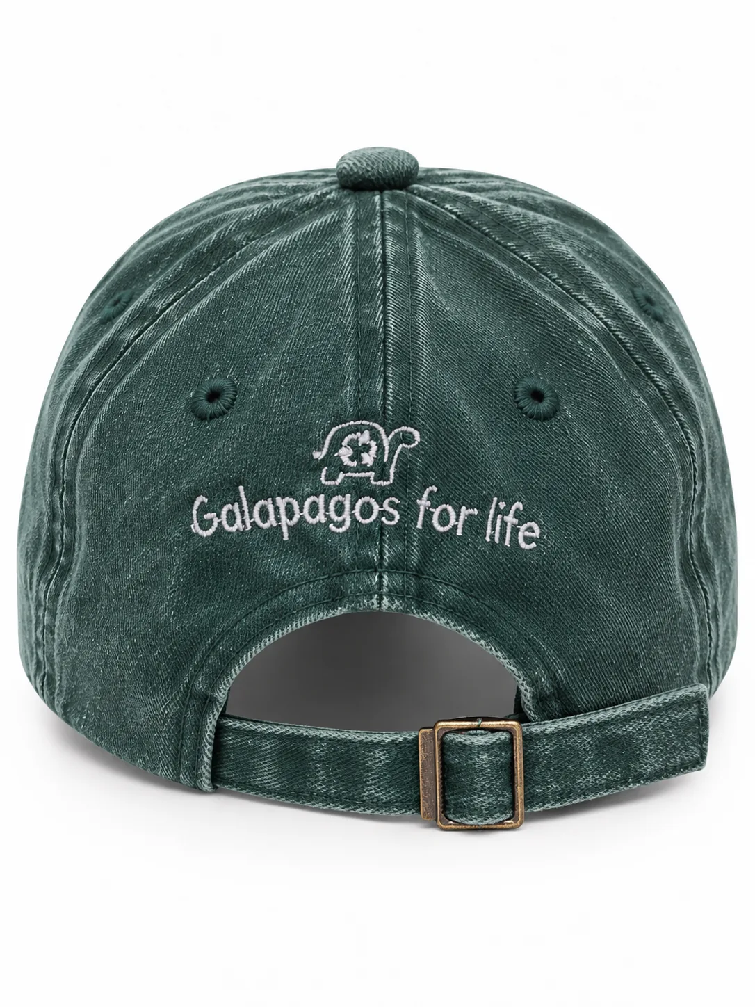 Back of the forest green cap with the Galapagos for Life logo and adjustable strap
