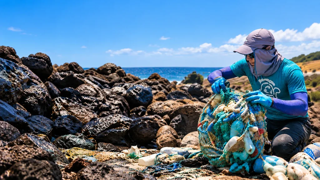 Volunteer filling a bag with plastic waste collected among coastal rocks