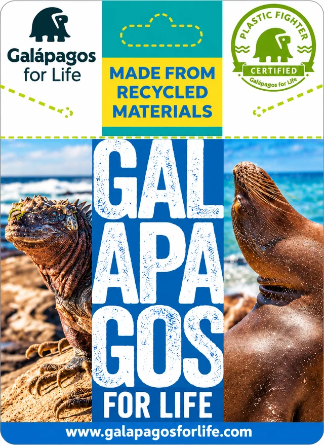 Illustrated Galápagos for Life bracelet card with GALAPAGOS lettering, a marine iguana and a sea lion