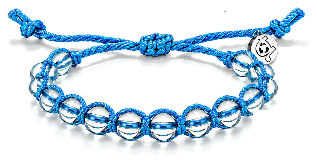 Finished Galapagos bracelet with recycled cord, glass beads and stainless steel charm