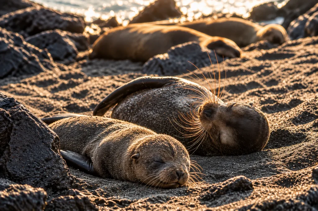 Galapagos sea lions resting on a sandy beach at sunset