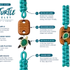 Exploded view of the Sea Turtle bracelet: recycled cord, recovered wood, recycled plastic turtle and secure knot