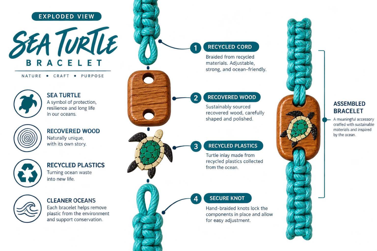 Exploded view of the Sea Turtle bracelet: recycled cord, recovered wood, recycled plastic turtle and secure knot