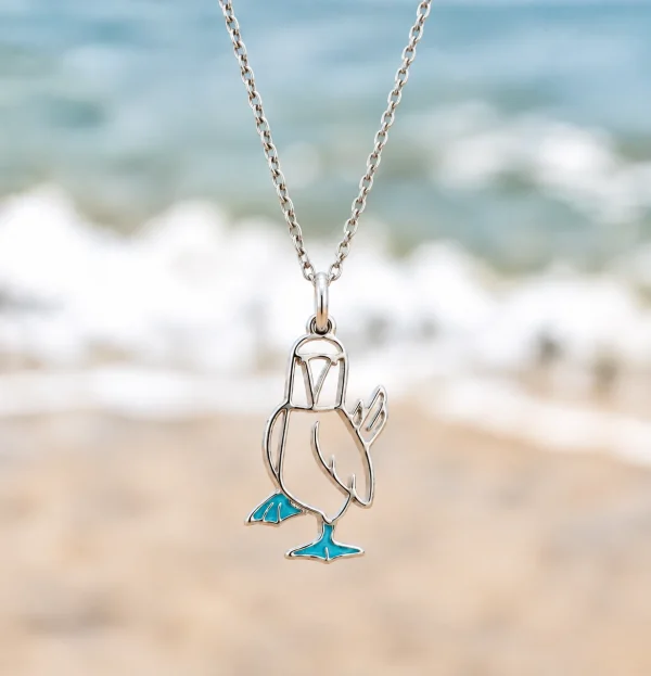 Blue-footed booby silver necklace hanging over a sandy beach