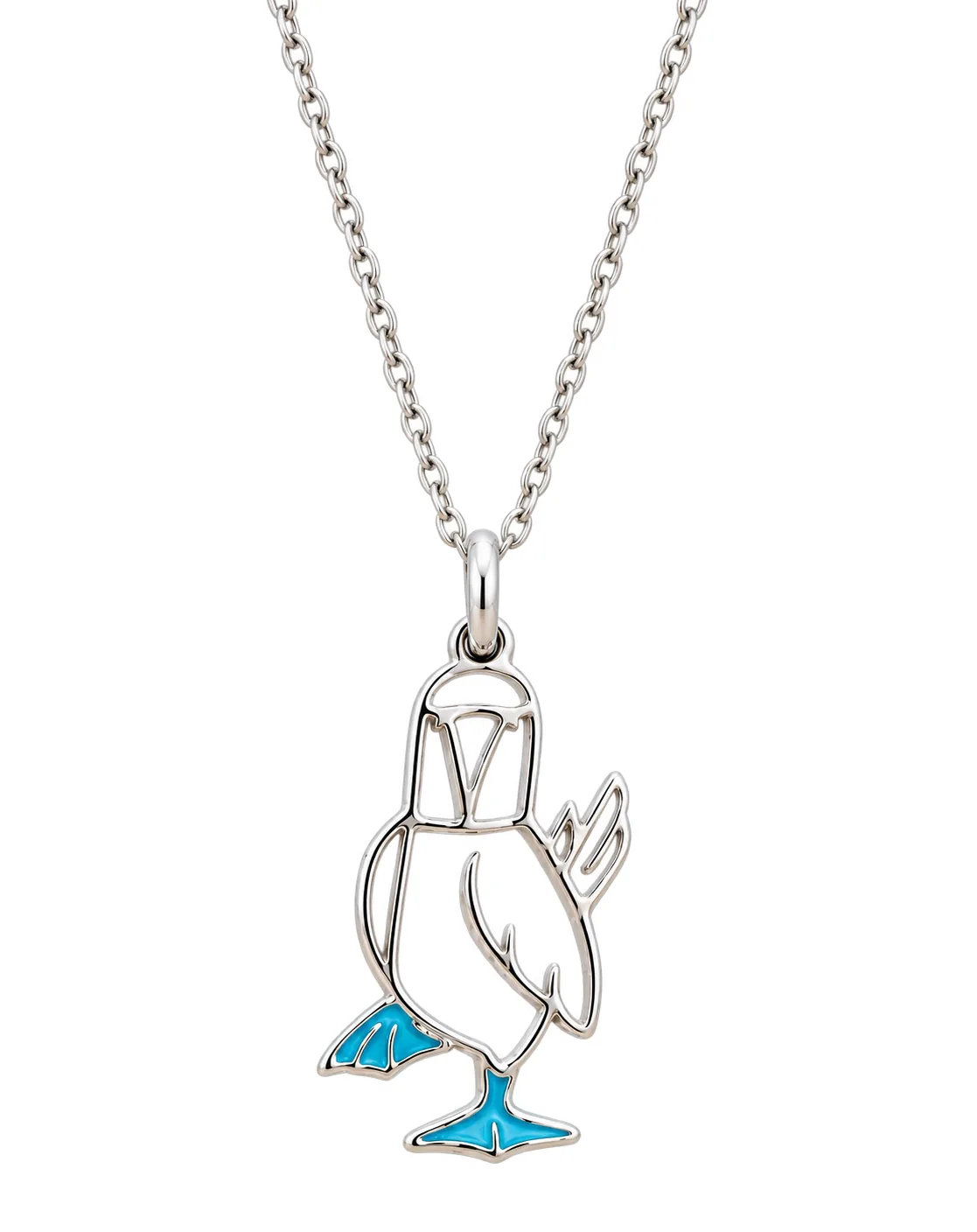 Blue-footed booby pendant with turquoise feet on a fine chain
